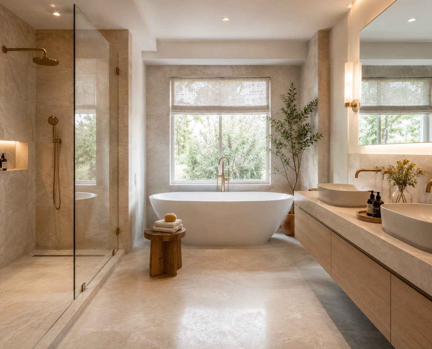 High-end bathroom with a freestanding tub, walk-in shower, and warm neutral finishes