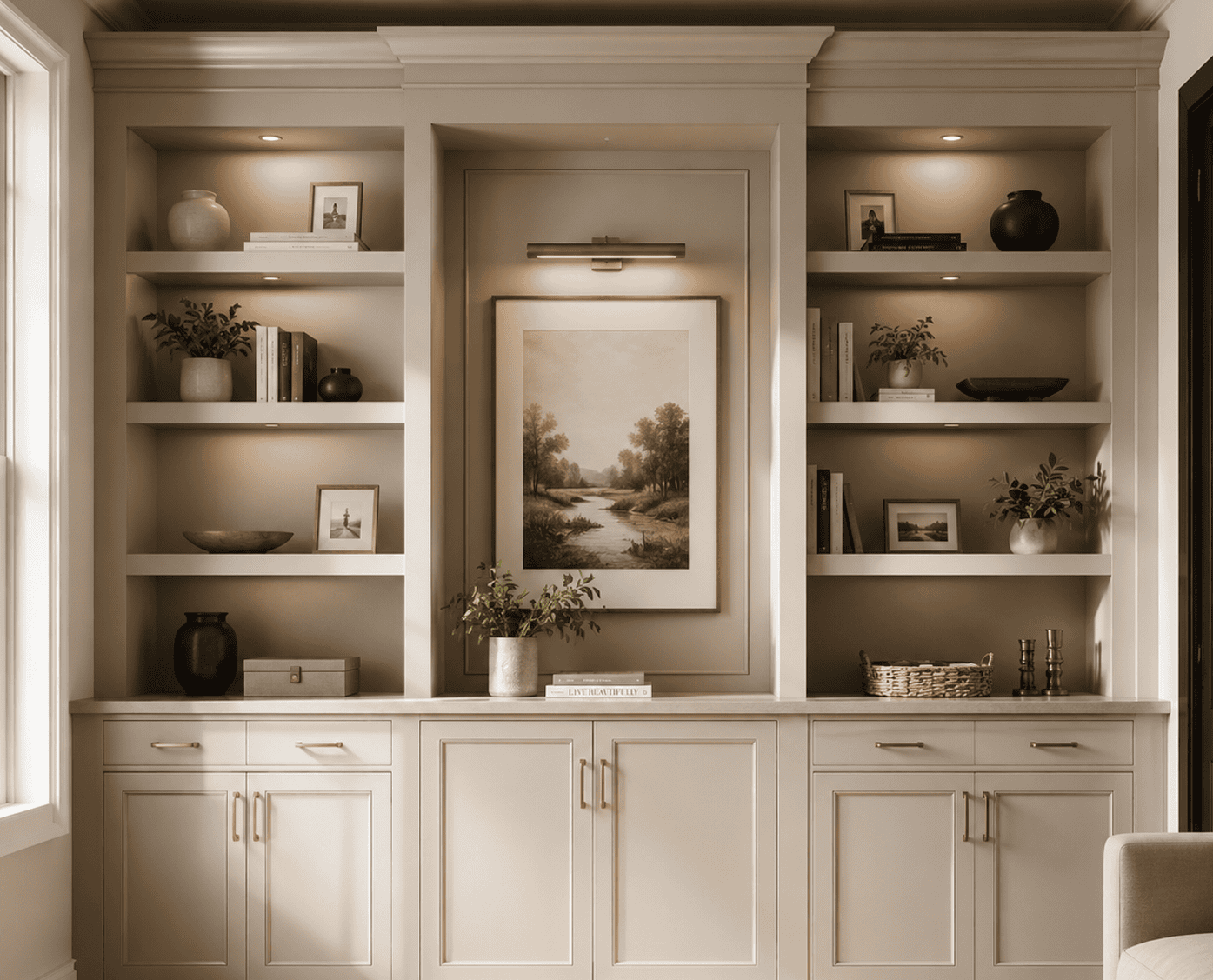 Custom built-in cabinetry with illuminated shelves and integrated storage