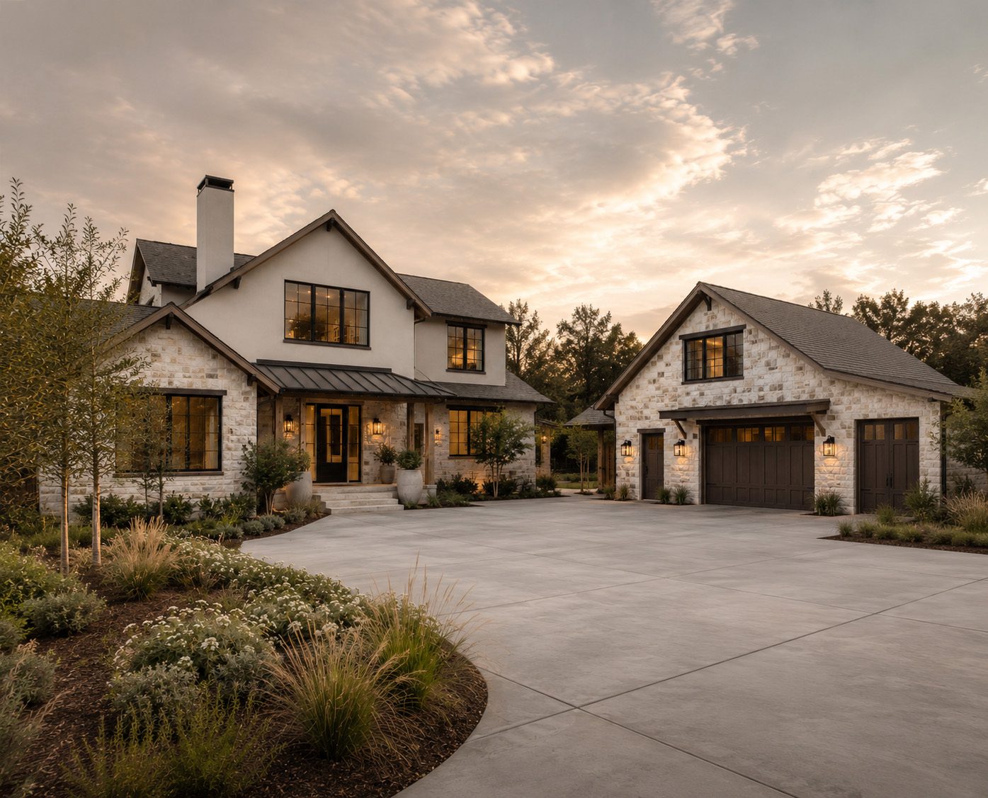 Luxury custom home and detached garage at dusk