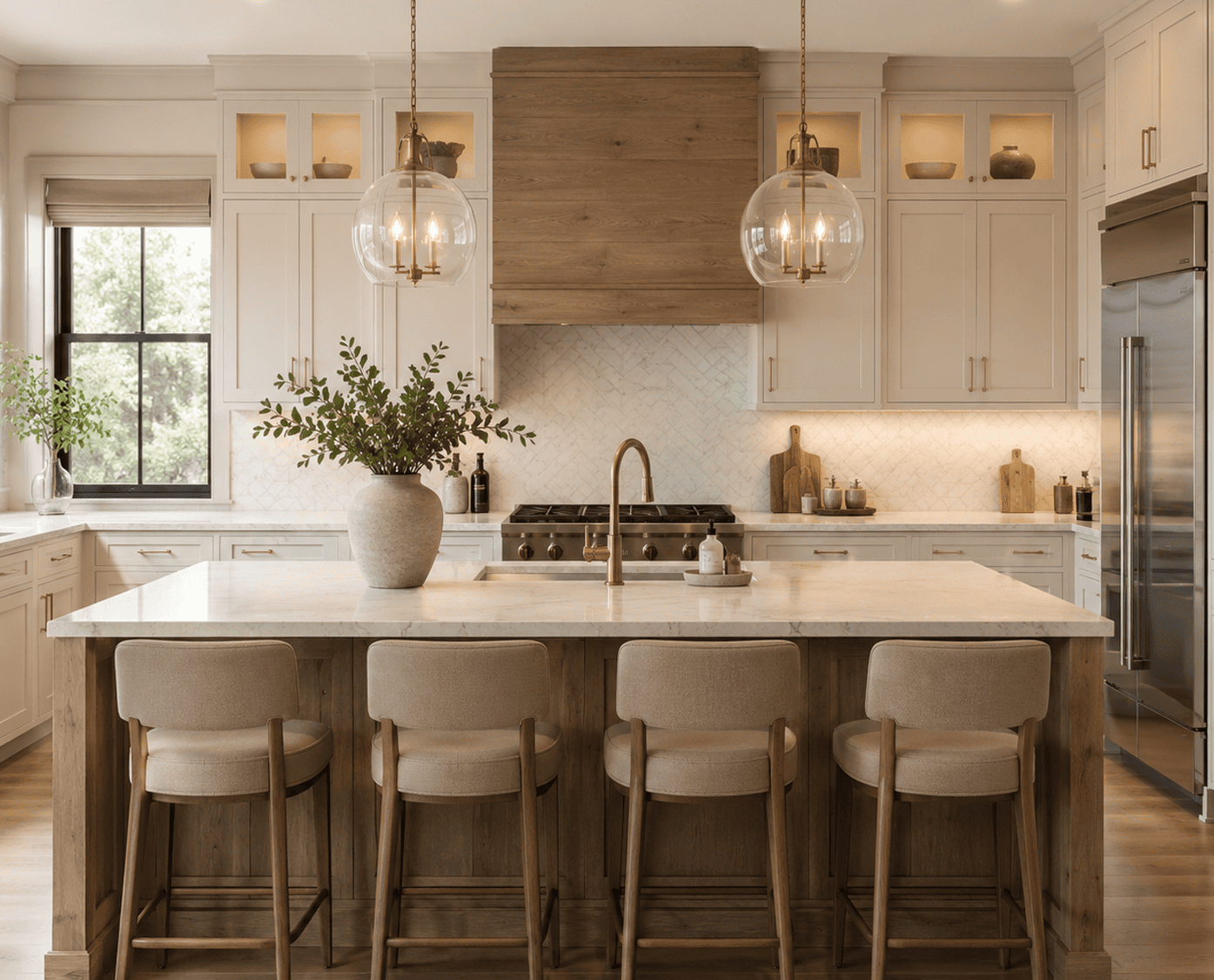 Luxury kitchen with warm white cabinetry, a large island, and pendant lighting